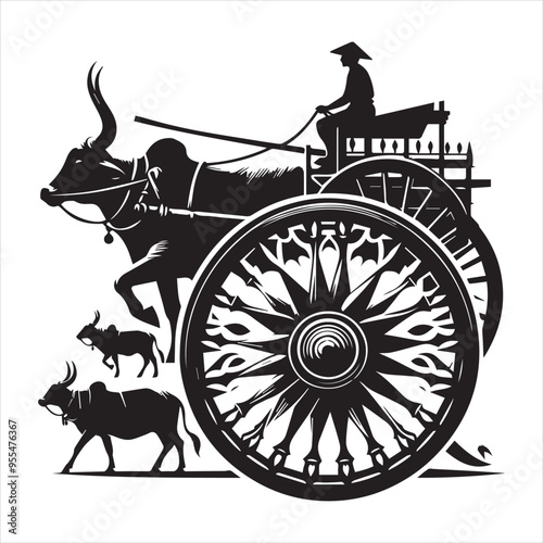 bullock cart wheel silhouette vector With White Background 