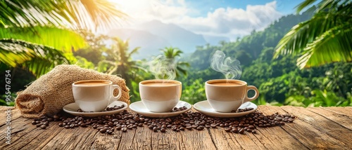Tropical Coffee Break Three steaming cups of coffee on a rustic wooden table with coffee beans a burlap bag and a lush green jungle backdrop