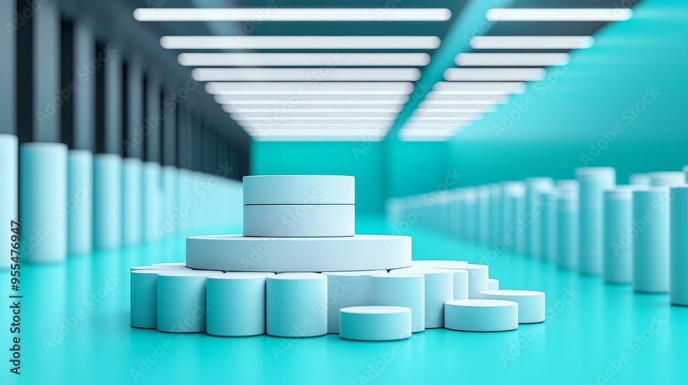 Minimalist White Cylinders on Teal Background, 3D Render, Product Display, Minimalism , Abstract , 3D Design Minimalist White Cylinders on Teal Background, 3D Render, Product Display, Minimalism , Abstract , 3D Design
