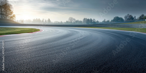 Wide angle empty cornering asphalt modern circuit road.