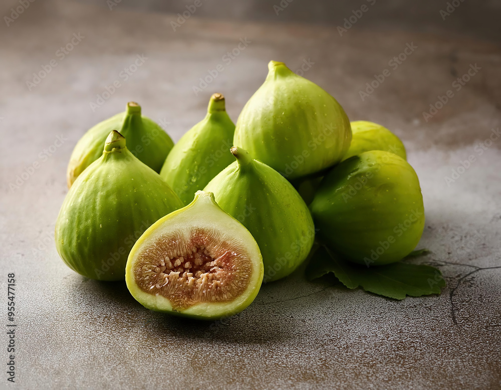 Fresh green figs on a gray background. Selective focus. Fresh green figs on a gray background. Selective focus.