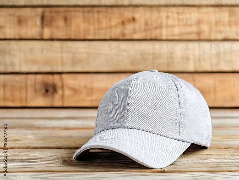 Urban style baseball cap, flat brim, placed on a wooden surface, close-up of fabric texture, ideal for streetwear brand mockups Urban style baseball cap, flat brim, placed on a wooden surface, close-up of fabric texture, ideal for streetwear brand mockups