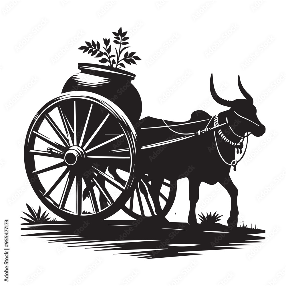 Fototapeta premium bullock cart wheel silhouette vector With White Background 