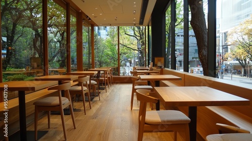 Urban Oasis A lone chair in a woodpaneled cafe overlooking a bustling city street bathed in warm sunlight photo