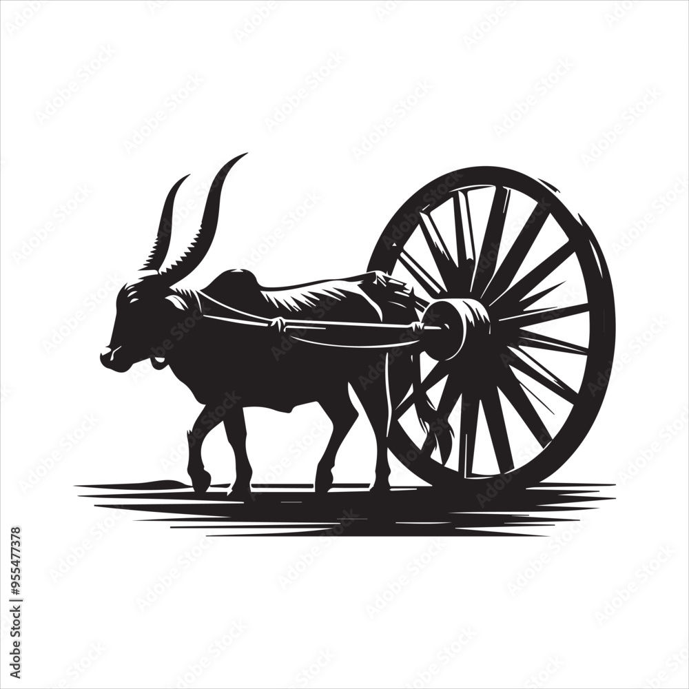 Fototapeta premium bullock cart wheel silhouette vector With White Background 