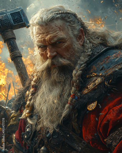 battle-hardened dwarf male warrior with braided beard and stern gaze wielding a massive axe amidst a chaotic medieval battlefield