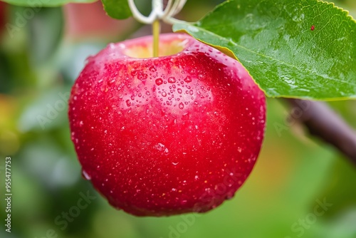 Close-up of a fresh red apple covered in water droplets, hanging on a tree branch, signifying natural freshness and health.
