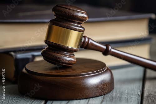 Close-up of a wooden gavel resting on its block, symbolizing justice, with legal books in the background. photo