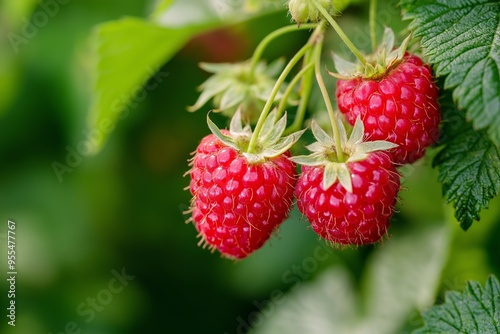 Detailed view of ripe red raspberries hanging from a branch with green leaves around, showcasing nature's bounty.