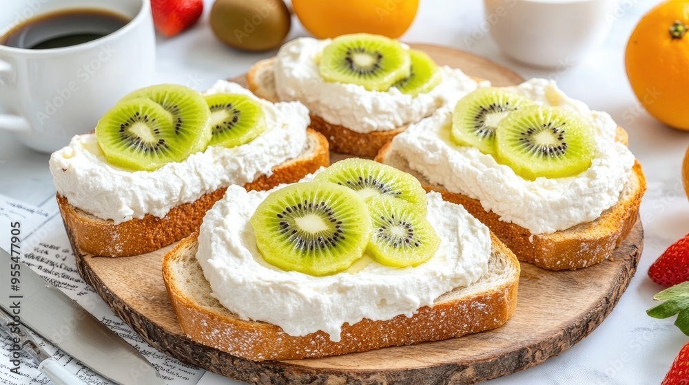 Enjoy a vibrant breakfast featuring five slices of toast layered with cream cheese and colorful fruit, including kiwi, complemented by a steaming cup of tea on a marble surface Enjoy a vibrant breakfast featuring five slices of toast layered with cream cheese and colorful fruit, including kiwi, complemented by a steaming cup of tea on a marble surface