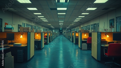 Empty Office Cubicles with Desk Lamps and Computers