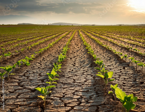  Rows of green seedlings growing in dried cracked waterless soil in agricultural field during summer