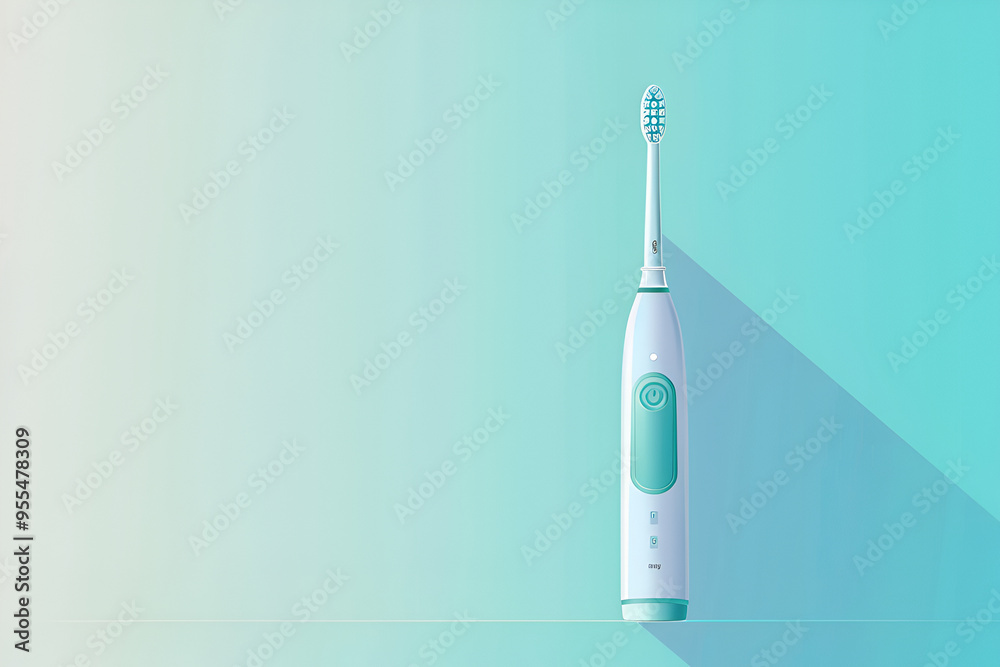 Electric toothbrush with turquoise details casting a long shadow on a gradient blue-green background Electric toothbrush with turquoise details casting a long shadow on a gradient blue-green background