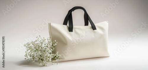 White Tatami Tote Bag with Delicate Flowers Minimalist Composition on a White Background Tote bag