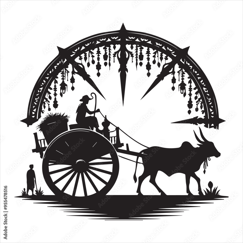 Fototapeta premium bullock cart wheel silhouette vector With White Background 