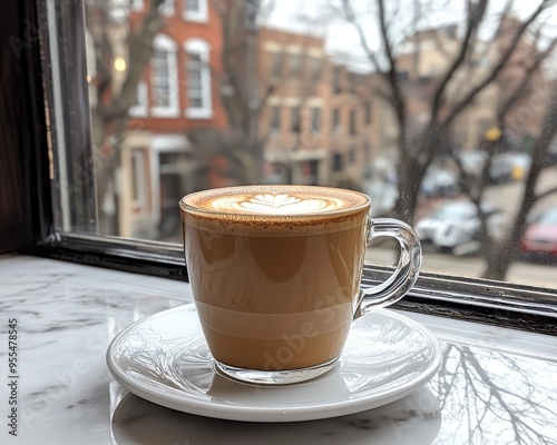 Windowside Latte Glass mug latte art city blur marble tabletop reflection Coffee photo