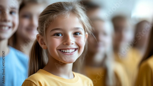 Young girl smiling among peers in a bright classroom during a group activity