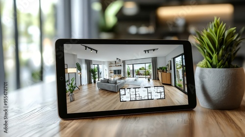 Virtual Tour of Modern Living Room with Floor Plan Displayed on Tablet, Interior Design, Home Decor, 3D Rendering