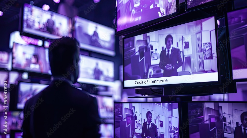 Man in Suit Standing in Front of Multiple Television Screens Showing Business Presentations Man in Suit Standing in Front of Multiple Television Screens Showing Business Presentations