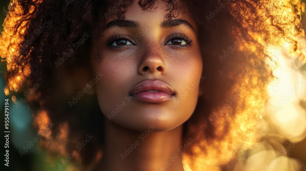 Young woman with curly hair in sunlight, enjoying nature's beauty Young woman with curly hair in sunlight, enjoying nature's beauty
