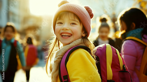 Cheerful child smiles brightly while walking home from school in a sunny urban setting