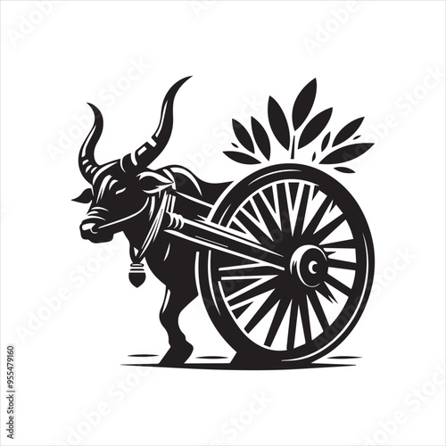 bullock cart wheel silhouette vector With White Background 