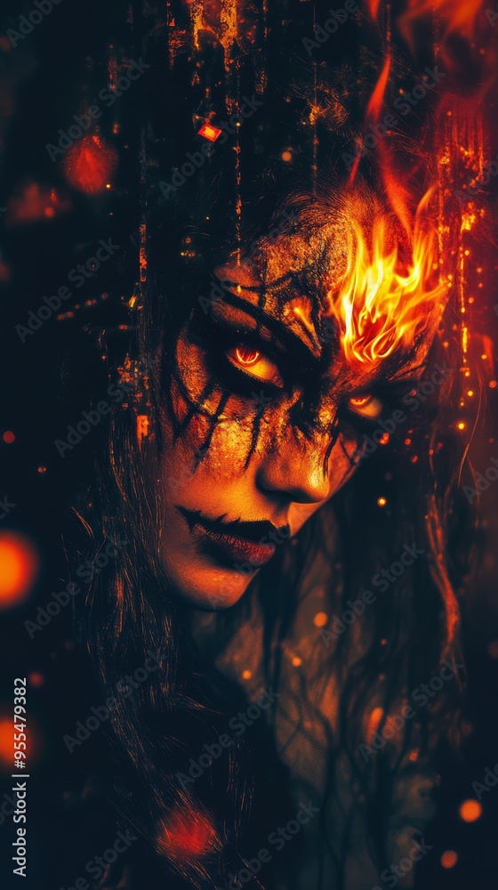 Fototapeta premium The Ancient Vampire Beauty: Creepy Woman Covered in Ember