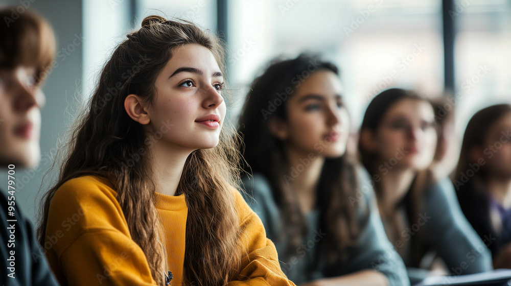 Obraz premium Engaged students attentively listening during a lecture in a modern classroom setting