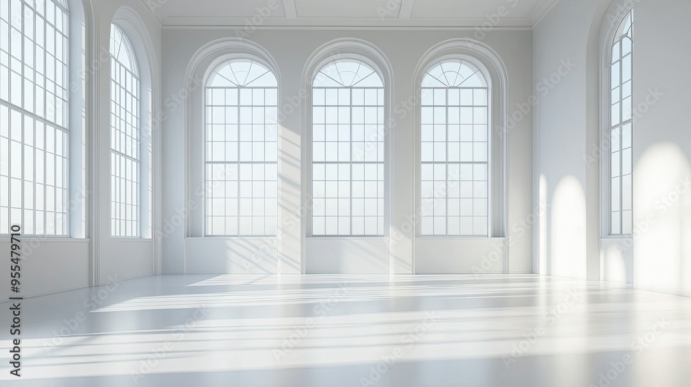 Fototapeta premium White Room with Large Arched Windows and Sunbeams