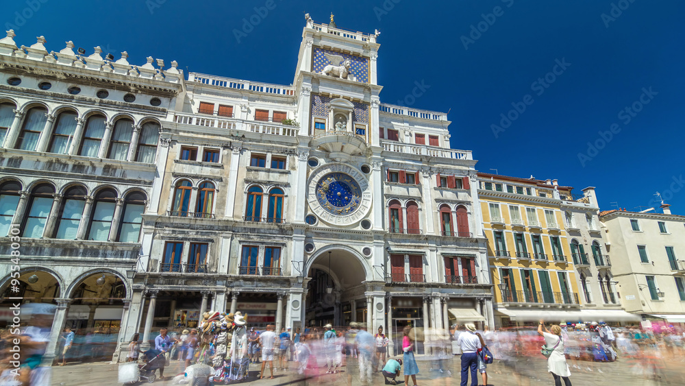 Fototapeta premium St Mark's Clock tower timelapse hyperlapse on Piazza San Marco, facade, Venice, Italy.