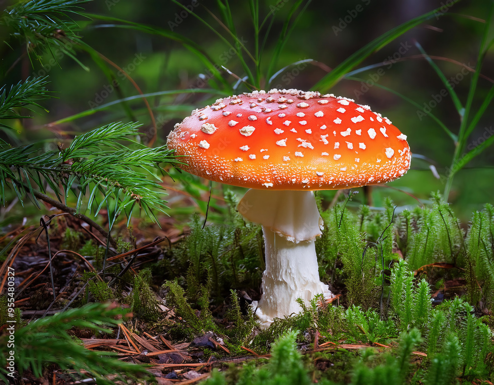 Single growing amanita mushroom with vivid orange cap in white dots among greenery in the forest Single growing amanita mushroom with vivid orange cap in white dots among greenery in the forest