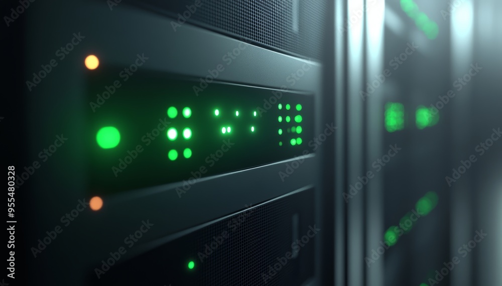 Close up of server rack with glowing green led panel and security button for cybersecurity Close up of server rack with glowing green led panel and security button for cybersecurity
