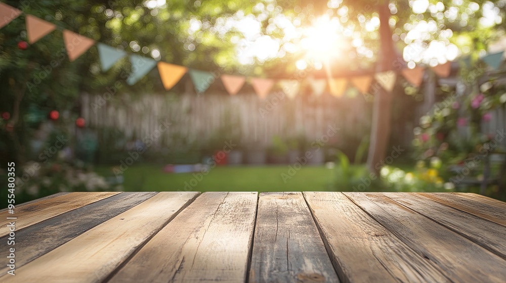 Empty wooden table with party in backyard, blurred background with festive bunting. Empty wooden table with party in backyard, blurred background with festive bunting.