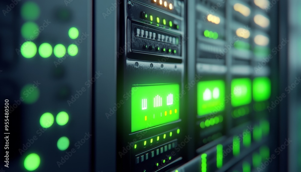 Close up of server rack with glowing green led panel and security button for cybersecurity Close up of server rack with glowing green led panel and security button for cybersecurity