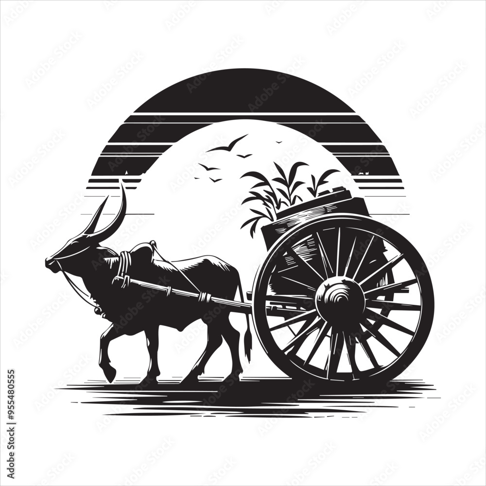 Fototapeta premium bullock cart wheel silhouette vector With White Background 