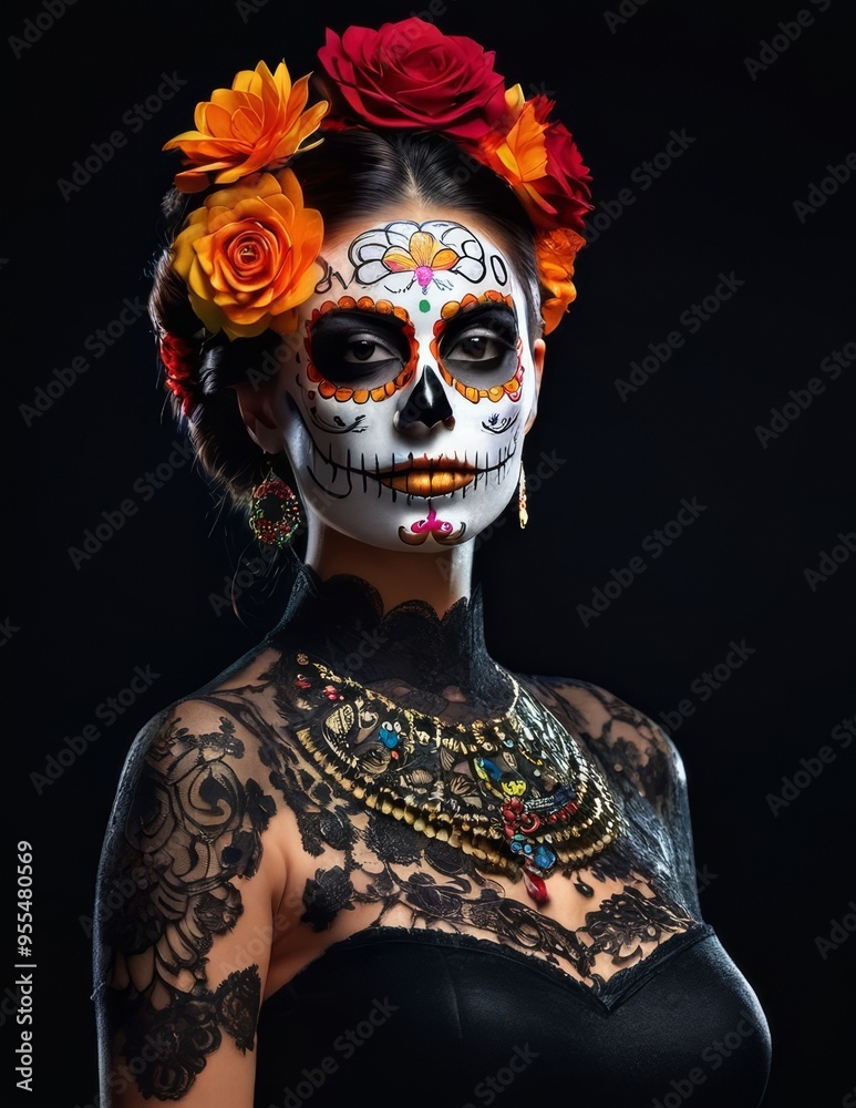 Woman With Skeleton Face Paint and Flowers in Her Hair Woman With Skeleton Face Paint and Flowers in Her Hair