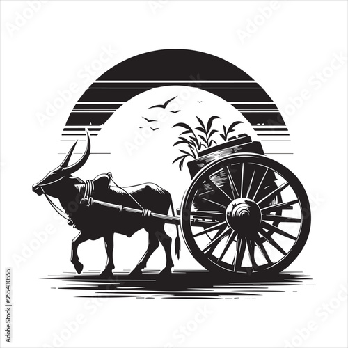 bullock cart wheel silhouette vector With White Background 