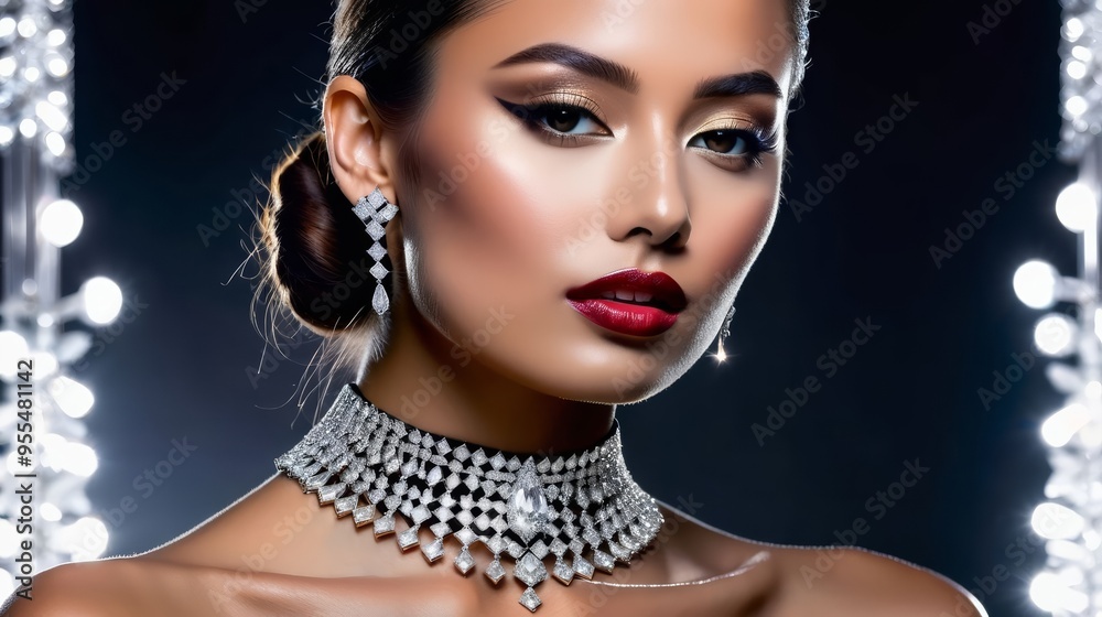 Woman Wearing Necklace and Earrings in Front of Mirror Woman Wearing Necklace and Earrings in Front of Mirror