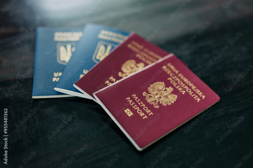 Two passports, one Polish and one Ukrainian, are lying on a table in a home, symbolizing migration and citizenship Two passports, one Polish and one Ukrainian, are lying on a table in a home, symbolizing migration and citizenship