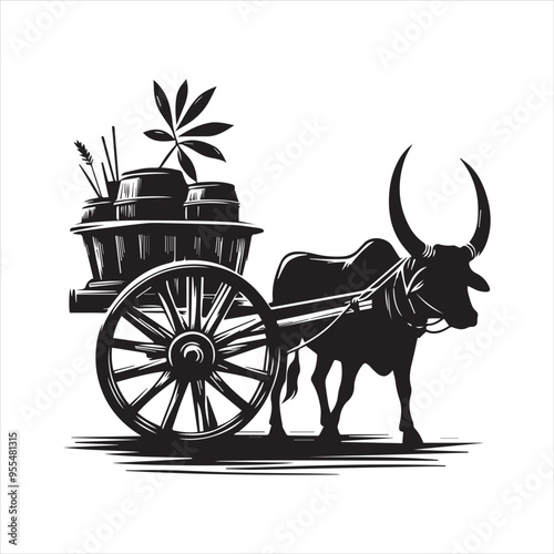 bullock cart wheel silhouette vector With White Background 