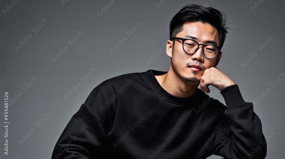 Obraz premium Man in Black Shirt and Glasses Posing for Picture