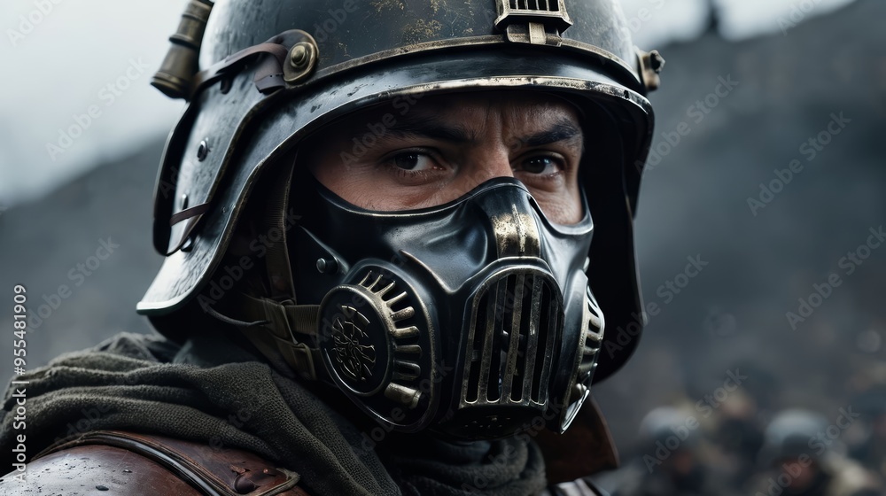 Man Wearing Helmet and Gas Mask Man Wearing Helmet and Gas Mask