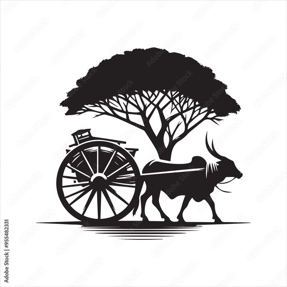 Fototapeta premium bullock cart wheel silhouette vector With White Background 
