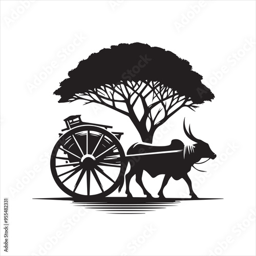 bullock cart wheel silhouette vector With White Background 