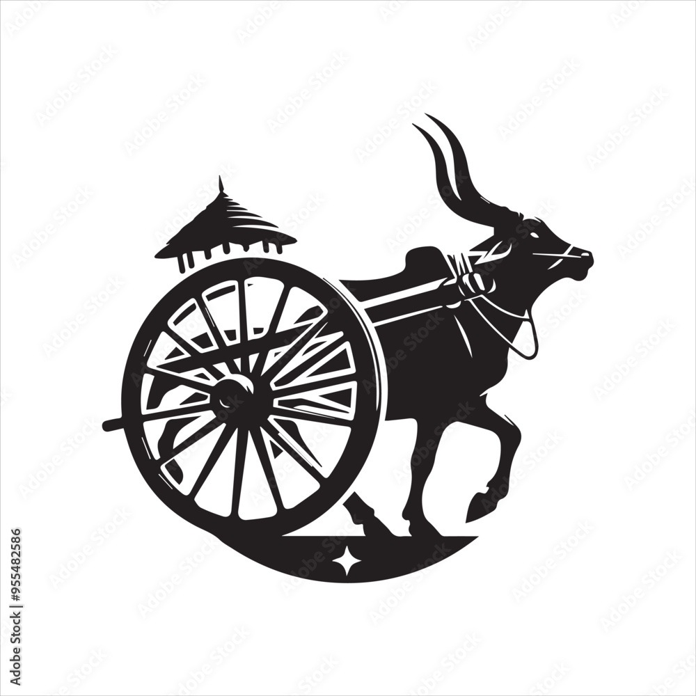 Fototapeta premium bullock cart wheel silhouette vector With White Background 