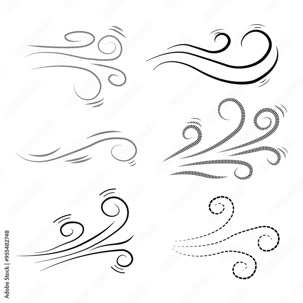 Fototapeta premium Blowing wind line icon Isolated on white background. Doodle wind line sketch set. Hand drawn doodle wind motion, air blow. Sketch drawn air blow motion, smoke flow art vector illustration.