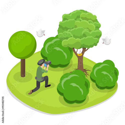 3D Isometric Flat Vector Illustration of Ornithology, Birdwatching Hobby, Outdoor Activity. Item 2