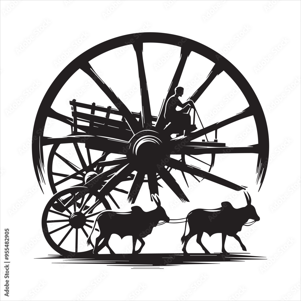 Fototapeta premium bullock cart wheel silhouette vector With White Background 