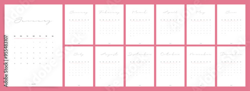 2025 Calendar. Elegant Minimalist Handwritten Monthly Layout in Pink and White.

