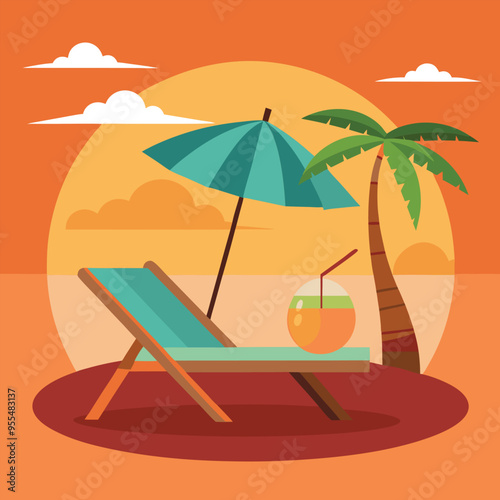 Sunset in sea beach tropical place scene color vector illustration